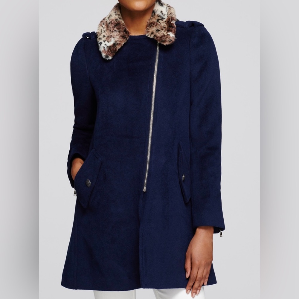 Rebecca Taylor Navy Wool Coat w/ Faux Fur Leopard Collar | Size